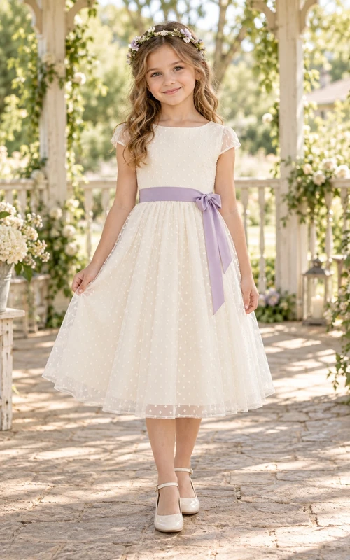 Vestido de niña de flores de corte A, de tul color marfil, manga corta y estampado de lunares, con fajín lavanda, hasta la rodilla.