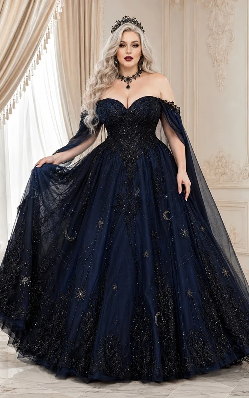 Plus Size Dark Navy Off-Shoulder Applique Tulle Gothic Ball Gown Floor-Length Dress