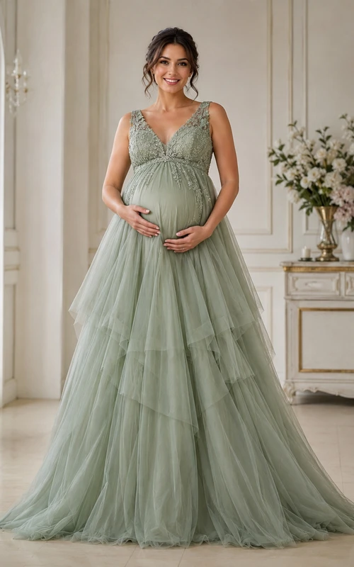 Maternity A-Line Lace Maternity Dress with V-neck, Sleeveless and Lace Tiers, Floor Length