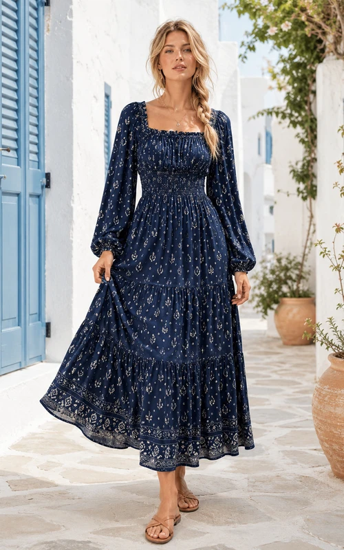 Indigo Peasant Dunkelblaues A-Linien-Kleid mit knöchellangem Ausschnitt, quadratischem Schnitt und langen Ärmeln aus Spitze im Boho-Stil