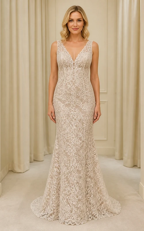 Vestido de novia sencillo de corte recto con escote en V, tirantes y cola de encaje.