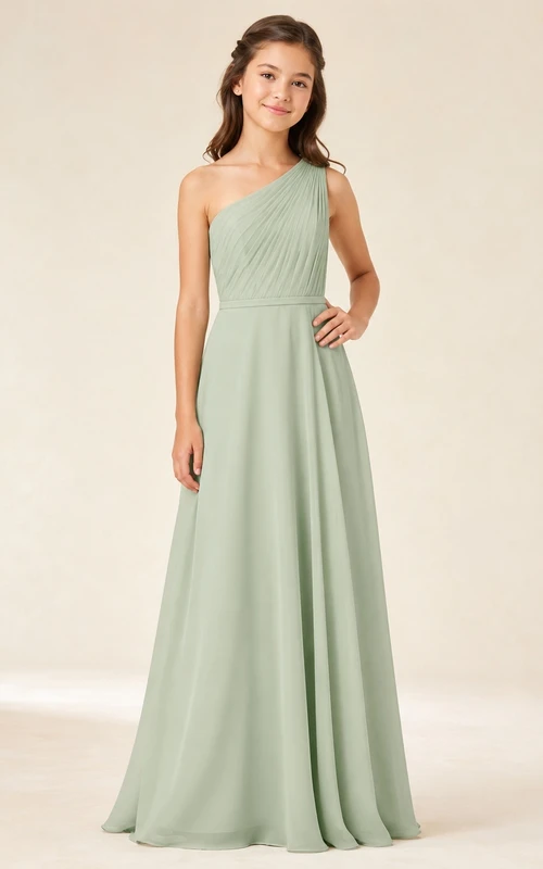 Elegantes junges Brautjungfernkleid in Celadon-Tönen, A-Linie, One-Shoulder, ärmellos, aus Chiffon