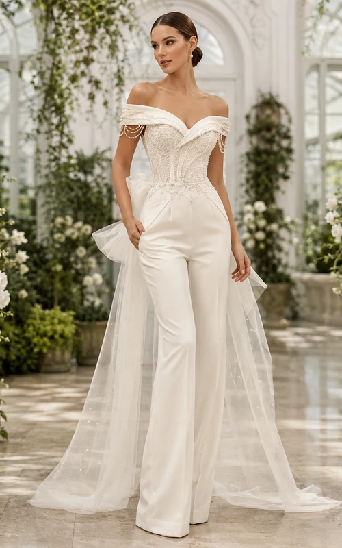 Hochzeitsjumpsuit aus Spitze und Tüll, schulterfrei, kurze Ärmel, Schleppe
