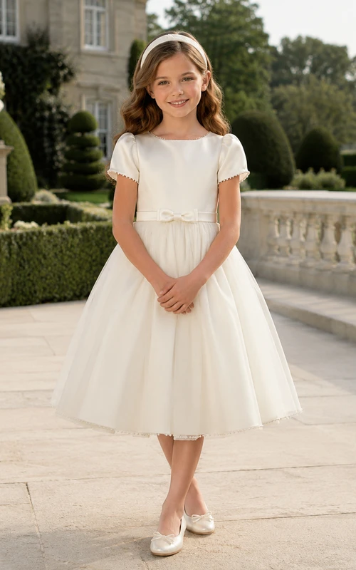 A-Line Old Money Flower Girl Dress with Cap Sleeves, Smooth Satin Bodice, Tea-Length Skirt, Rear Waist Bow, Refined Formal Style