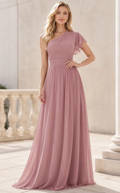 Dusty rose one shoulder flutter sleeve chiffon floor dress