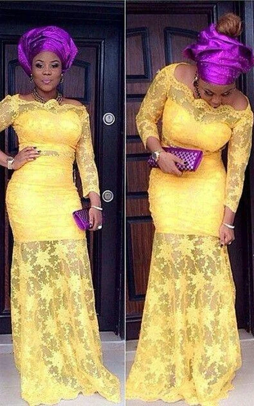 Modern Off-the-shoulder Mermaid Yellow Prom Dress Lace Long Sleeve