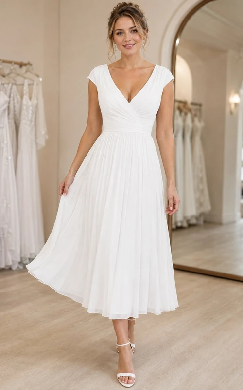 Robe blanche à col en V, manches courtes, plissée, coupe trapèze, longueur thé