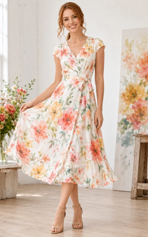 Vestido midi cruzado sin mangas con estampado floral acuarela coral para invitadas de verano