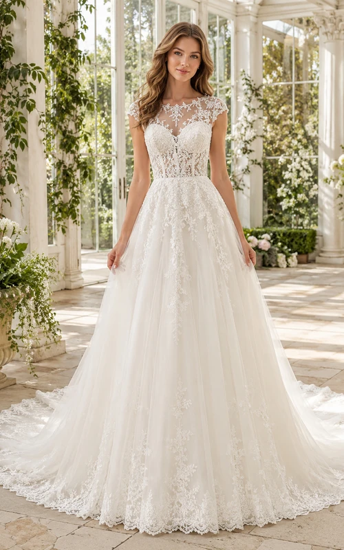 Robe de mariée romantique en dentelle, manches courtes, coupe trapèze, traîne chapelle, style jardin