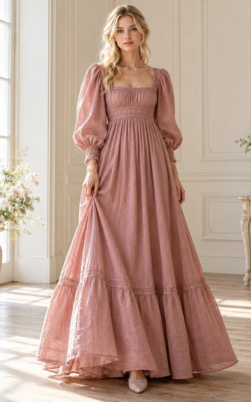 Robe de campagne vintage rose poudré à col carré et manches longues froncée