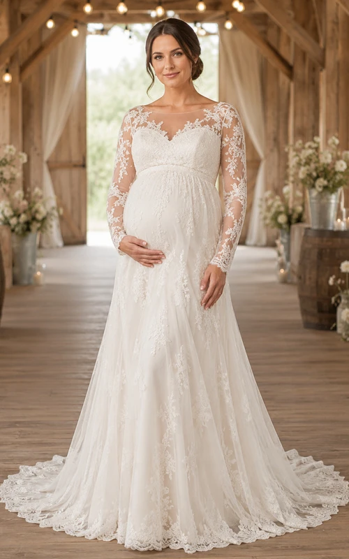 Maternity Wedding Dress Long Sleeve Illusion Lace A-Line Gown with Formal Train