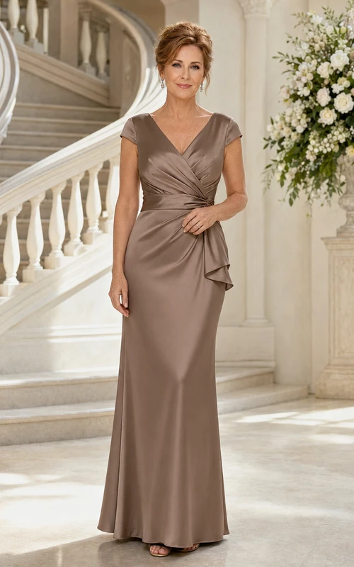 MOB Kleid Taupe Satin Etuikleid Kurzarm V-Ausschnitt Bodenlang Gerafft
