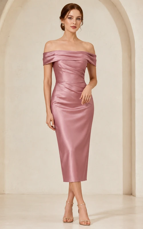 Dusty Rose Off-the-shoulder Silk Satin Midi Dress