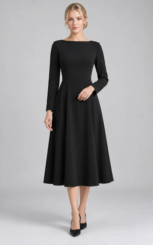 Robe de deuil noire simple et modeste à manches longues, coupe trapèze et longueur thé, style bateau, à encolure bateau