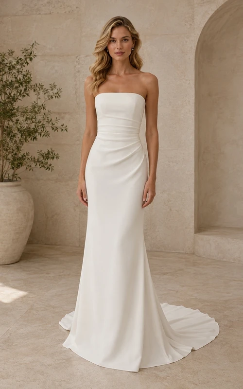 Schlichtes, bodenlanges, ärmelloses Brautkleid für formelle Anlässe, trägerlos