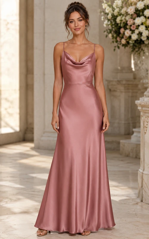 Brautjungfernkleid aus Satin in Altrosa mit Wasserfallausschnitt