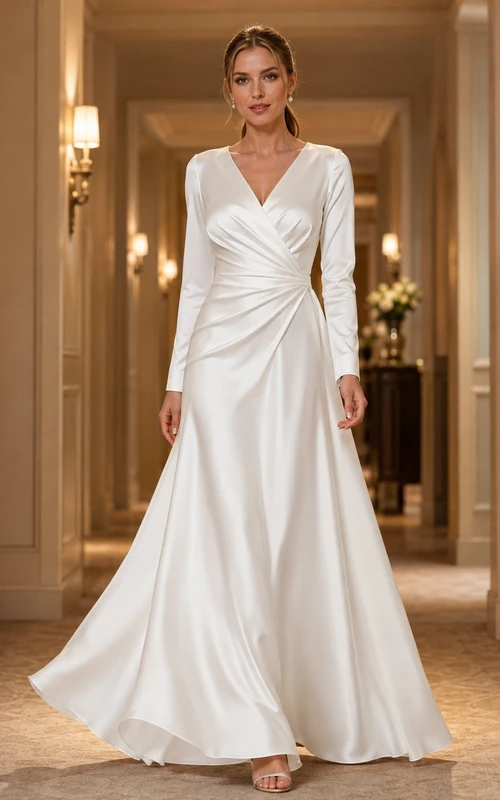 Vestido de novia formal sencillo de satén con escote en V y manga larga, corte en A