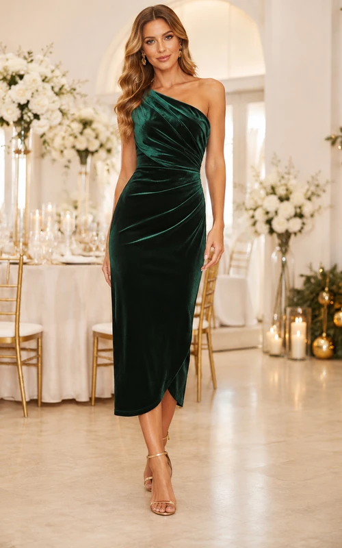 Vestido midi de terciopelo fruncido de un solo hombro para invitada, color verde oscuro