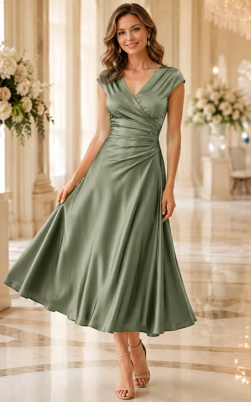 Jade V Neck Cap Sleeve Ruched Satin Tea Guest Dress