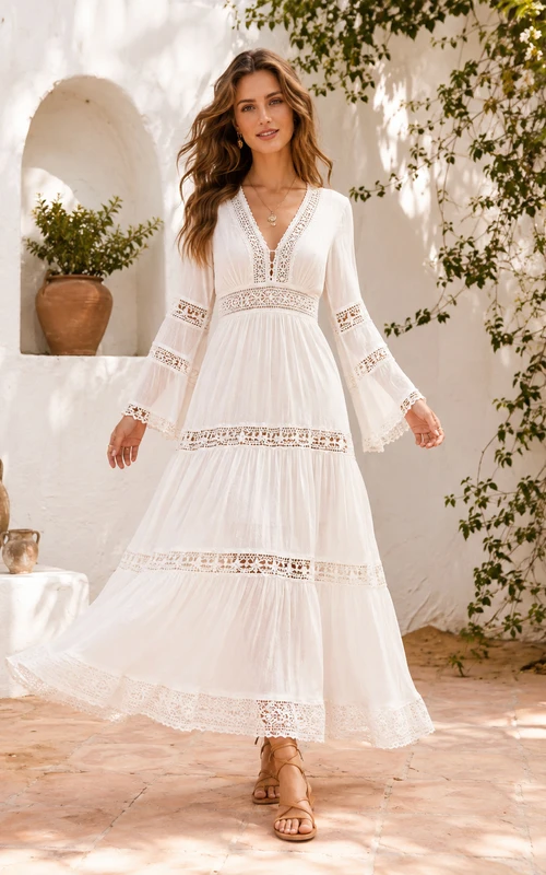 Robe de mariée bohème de plage en mousseline de soie et dentelle à volants, col en V et manches cloche