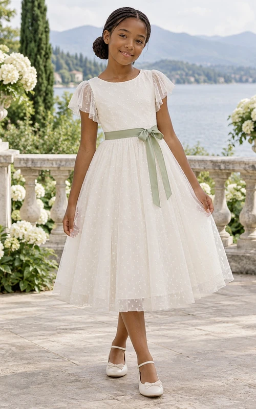 Tea-length Ivory A-line Lace Tulle Flutter-sleeve Green-sash Bow-back Flower Girl Dress