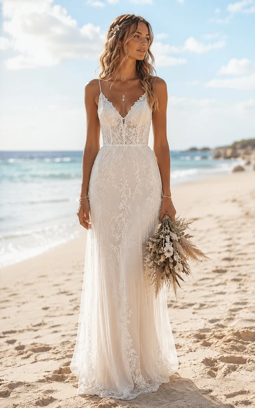Beach Mermaid Lace Wedding Dress with Spaghetti Straps and Low Back Train