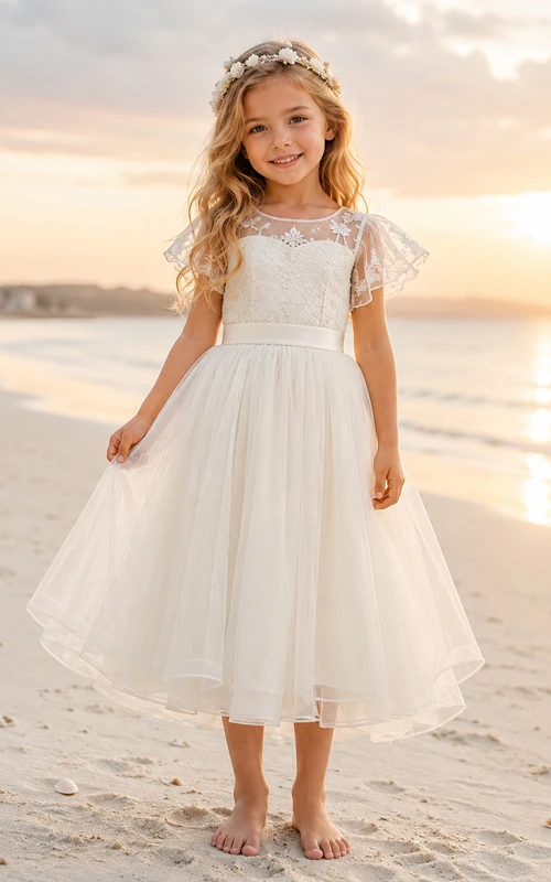 A-Linien-Kleid aus Tüllspitze mit flatternden Ärmeln, Rundhalsausschnitt und wadenlangem Rock für Blumenmädchen.