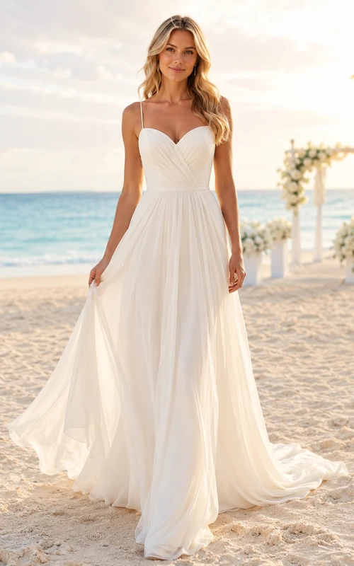 Vestido de novia de tul para la playa, corte A, sin tirantes, con cola larga, detalle de volantes y escote en V bajo.