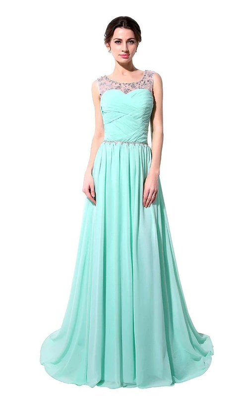 Robe longue en mousseline à encolure ronde et dos lacé