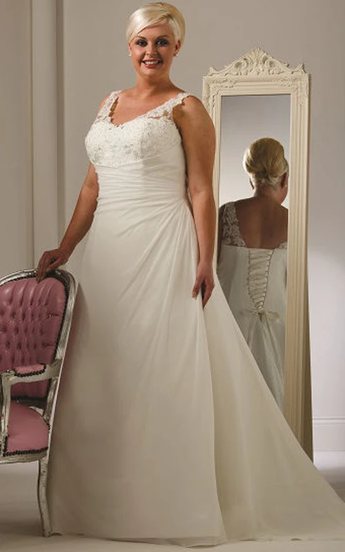 Brautkleid in A-Linie mit V-Ausschnitt und Schnürung in großen Größen, mit Spitzenoberteil