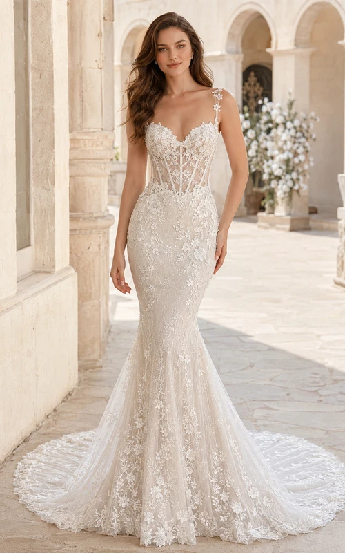 Robe de mariée sirène luxueuse en dentelle, décolleté en V profond, sans manches, traîne chapelle, applications florales, style jardin.