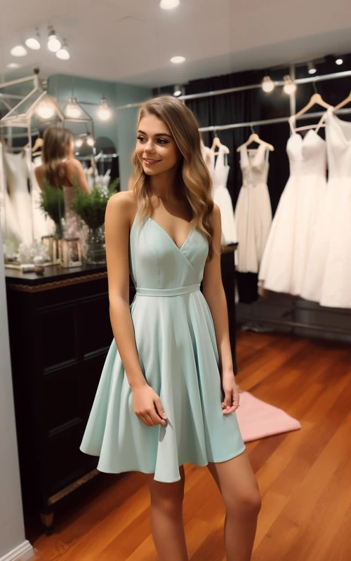 Kurzes, hellblaues Homecoming-Kleid mit Spaghettiträgern und V-Ausschnitt in A-Linie