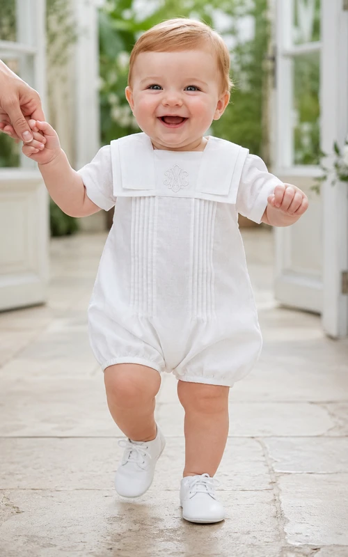 White Sailor Collar Pintuck Short Sleeve Christening Bubble Romper for Baby Boy