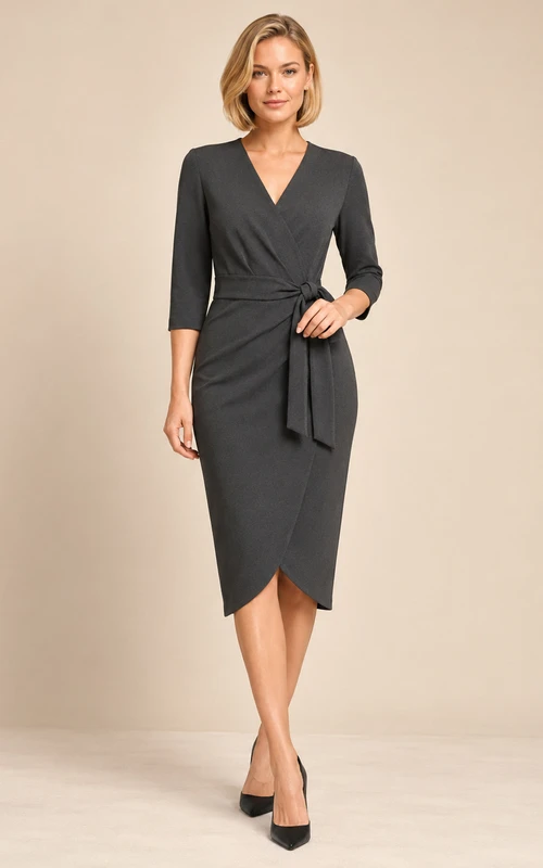 Charcoal V-neck three quarter sleeve wrap sheath midi dress