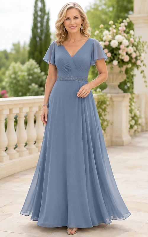 Steel Blue V-Neck Chiffon A-Line Mother Dress