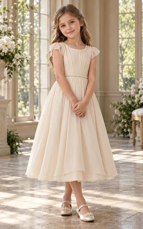 Tea-length Simple Ivory A-line Chiffon Flutter-sleeve Pleated-bodice Bow-back Flower Girl Dress