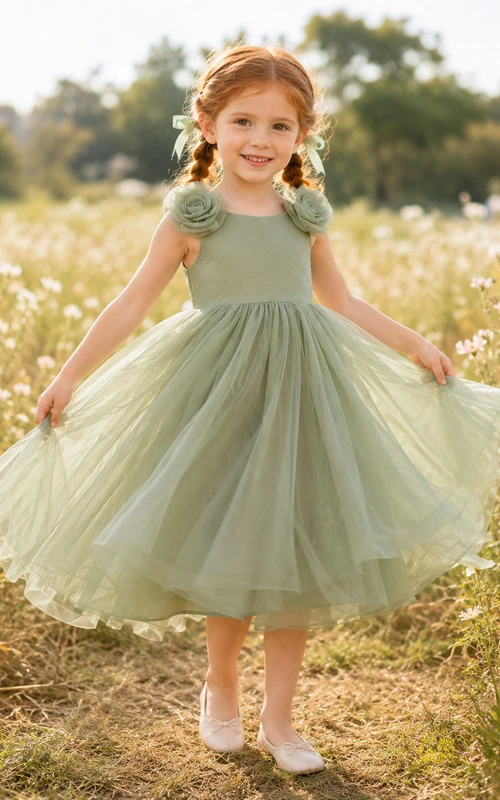 Sage Rosette Shoulder Flower Girl Gown with Sleeveless Tulle A-Line, Sculpted Floral Accents, and Floor-Length Skirt