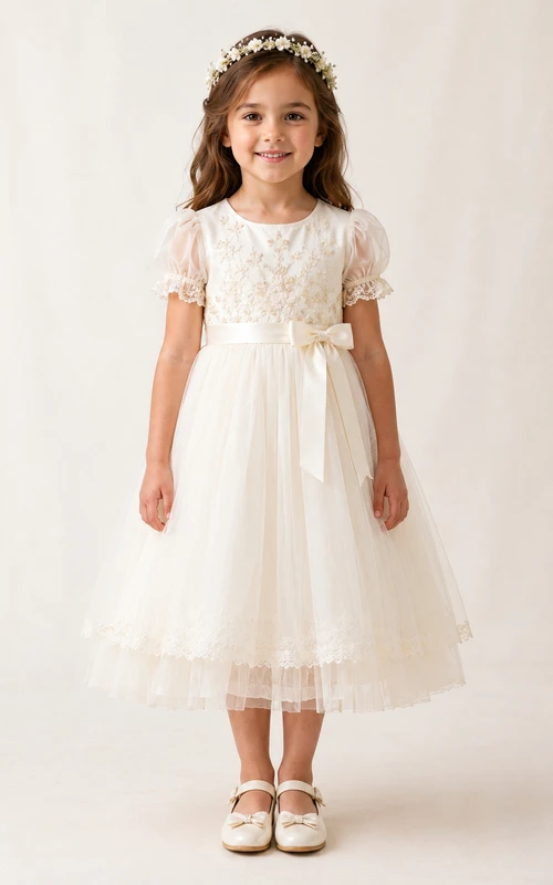 Baby Christening Gown Modest A-Line Puff Sleeve Tulle Lace Tea-Length with Bow Sash in Ivory