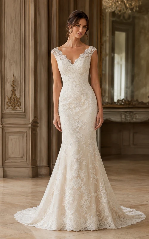 Vestido de novia estilo sirena con estampado floral, mangas cortas, encaje, escote en V y cola larga.