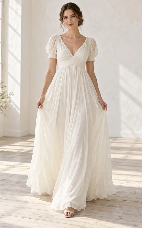 Vestido de novia largo y fluido de voile tejido fruncido, estilo imperio, con escote en V y mangas abullonadas.