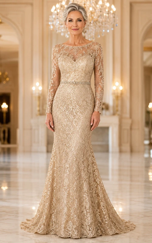 Vestido de sirena de encaje con cuentas y mangas largas color champán con cola.