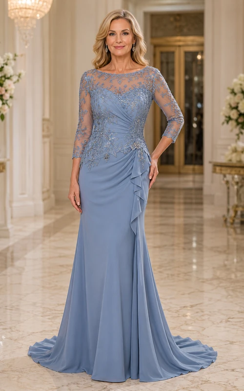Vestido de sirena para madre con corpiño de encaje azul empolvado y cola larga.