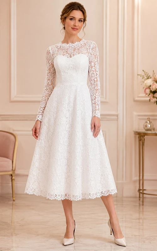 Romantic White Sweetheart Long Sleeve Lace A-Line Tea-length Formal Dress