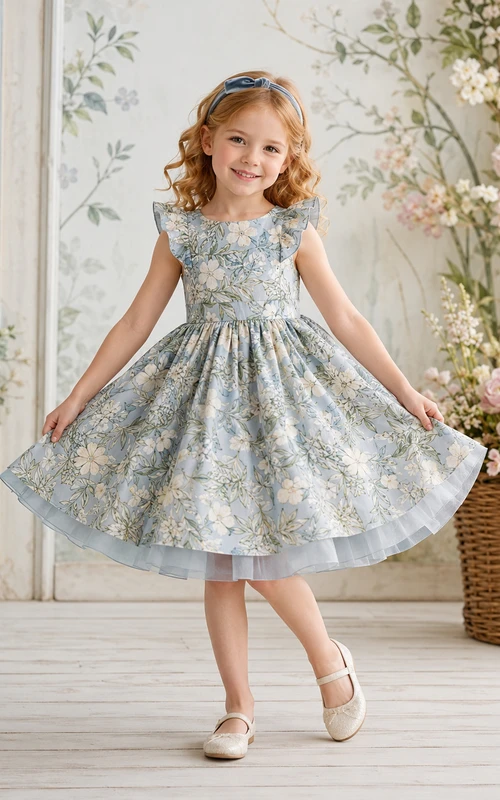 Blaues Blumenmädchenkleid mit botanischem Muster, kurzen Ärmeln, Tüllrock in A-Linie, natürlicher Taille und romantischem, wadenlangem Saum