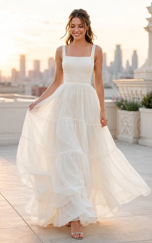 Simple Square Neck Strap Tiered Chiffon A-Line Floor-Length Civil Elopement Wedding Dress