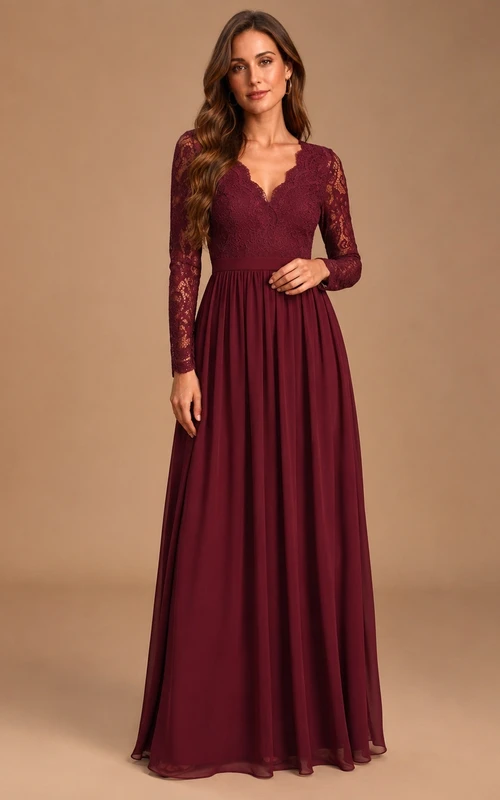 Burgundy Lace Long Sleeve A-Line V-Neck Floor Length Formal Evening Gown
