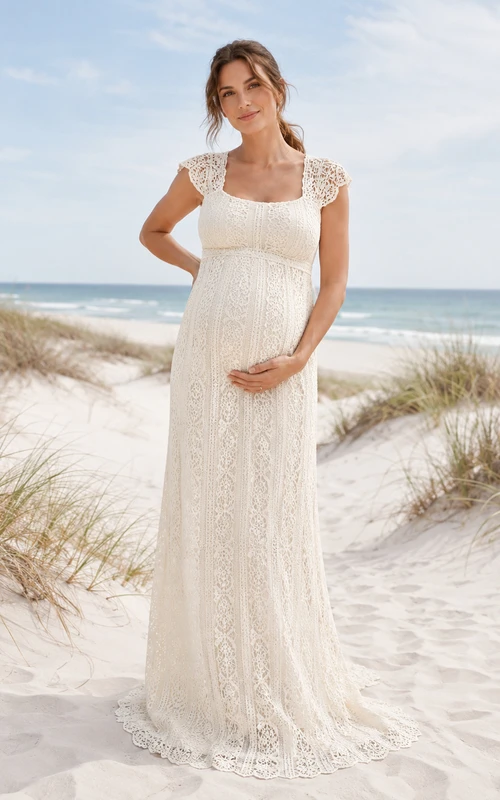 Vestido de novia premamá con escote cuadrado, mangas cortas, encaje integral y falda larga hasta el suelo.