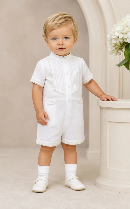 White Pintuck Bib Button Front Short Christening Romper for Baby Boy