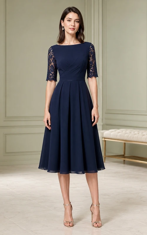 Vestido vintage azul marino de encaje con cuello joya, manga tres cuartos, corte en A y largo hasta la rodilla.