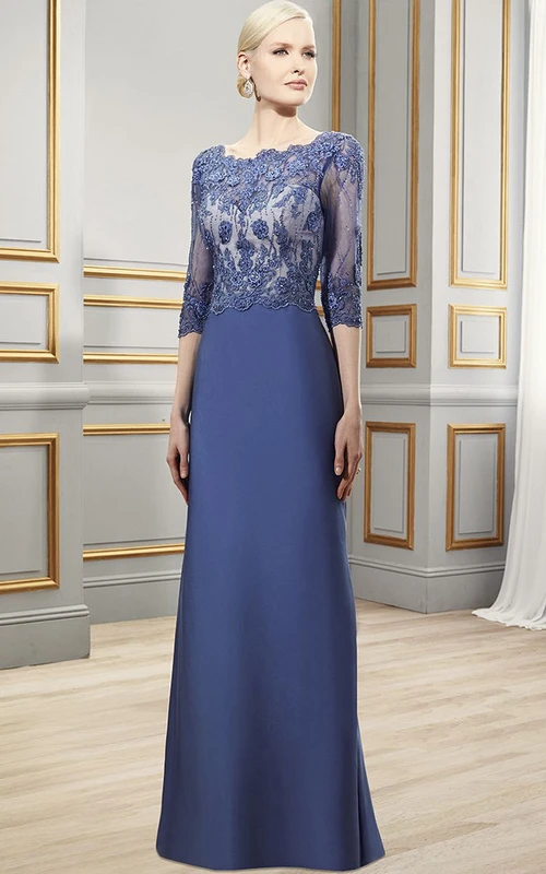 Vestido largo de fiesta de satén con mangas tres o cuatro, apliques, escote barco y espalda en V profunda.